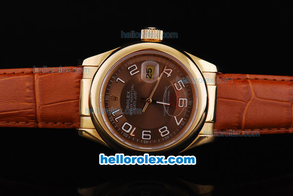Rolex Datejust Oyster Perpetual Automatic Smooth Gold Case with Brown Dial and White Number Marking-Leather Strap - Click Image to Close